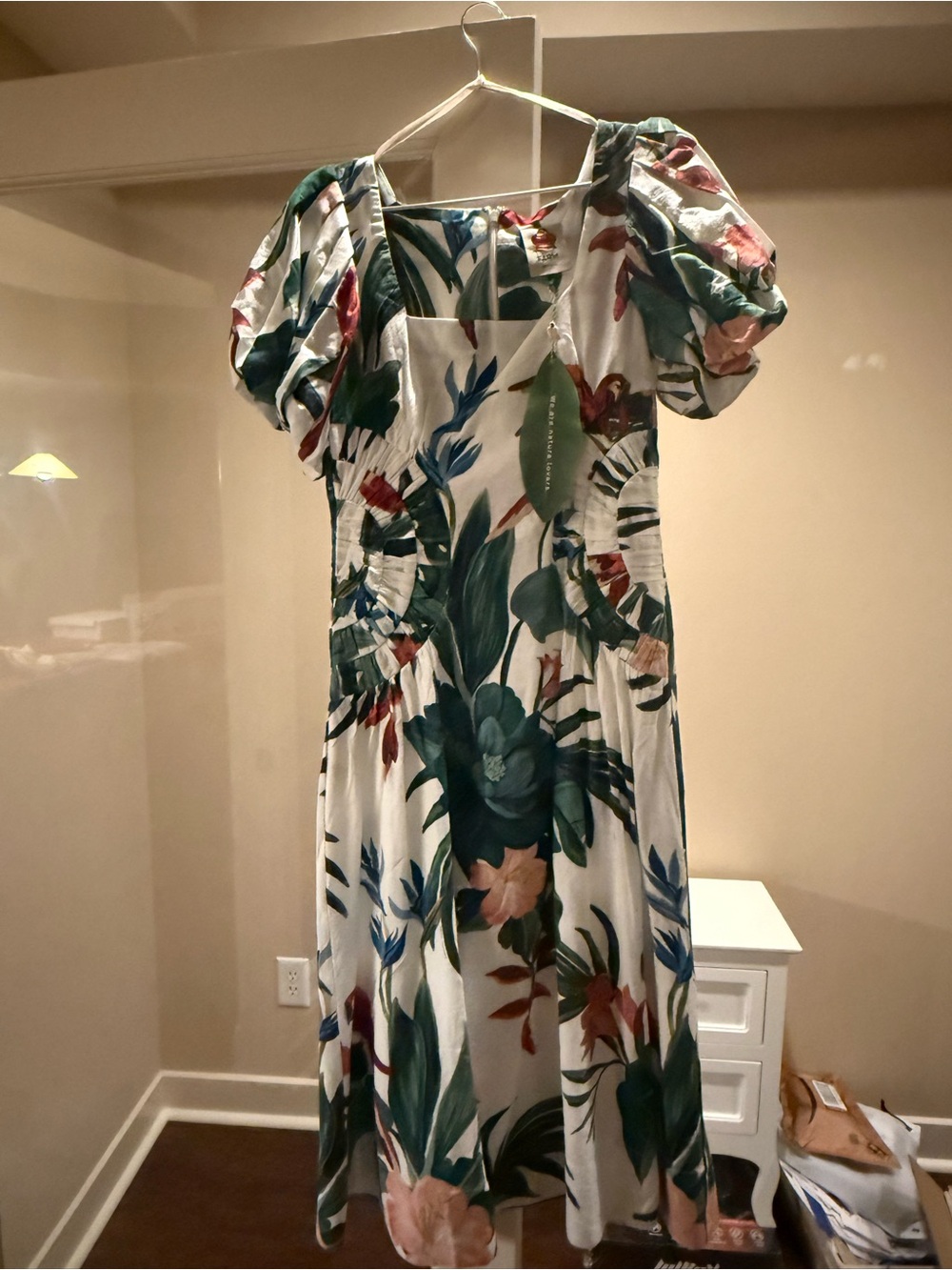 FARM Rio White Midi Dress with Green & Pink Tropical Print